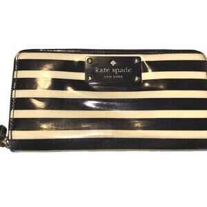 Kate Spade Patent Leather Black and White Stripe Zip Wallet